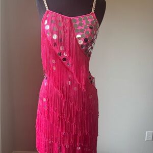Vibrant Pink Backless Fringe Latin Rhythm Dress